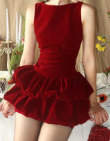 Puff Detail Velvet Dress Red