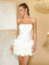 Strapless Crystal Pearl Floral Dress White Strapless Crystal Pearl Floral Dress White