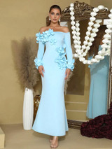 Long Sleeve Floral Bardot Maxi Dress Light Blue