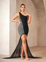 Embellished One Shoulder Tail Dress Black