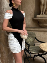 Cold Shoulder Ruched Dress Black White