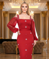 Long Sleeve Crystal Cold Shoulder Maxi Dress Red Long Sleeve Crystal Cold Shoulder Maxi Dress Red
