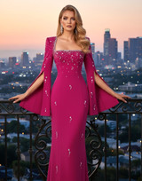 Cape Sleeve Crystal Maxi Dress Hot Pink