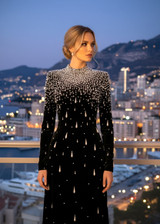 Long Sleeve Pearl Maxi Velvet Dress Black