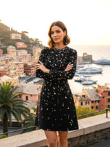 Long Sleeve Crystal Embellished A Line Dress Black