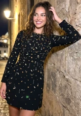 Long Sleeve Crystal Embellished A Line Dress Black