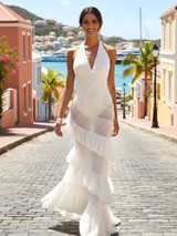 Halter Ruched Ruffle Maxi Dress White