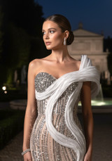 One Shoulder Crystal Bustier Sequin Maxi Dress White Nude