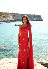 One Shoulder Crystal Detail Maxi Dress Red