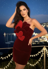 Strapless Heart Detail Velvet Dress Red Burgundy
