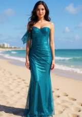 Draped Bardot Sparkly Bustier Maxi Dress Blue