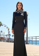 Long Sleeve Crystal Neck Detail Maxi Dress Black