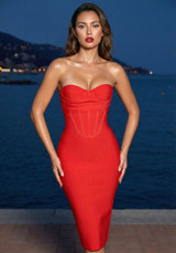 Strapless Bustier Midi Dress Red
