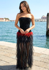 Strapless Sequin Ruffle Maxi Dress Black Red