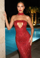Strapless Crystal Sparkly Maxi Dress Red