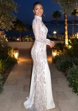 Long Sleeve Sequin Pearl Maxi Dress White