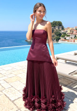 Strapless Pleated Petal Maxi Dress Burgundy