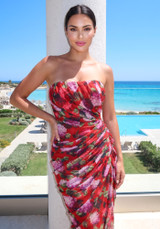Strapless Draped Floral Maxi Dress Red
