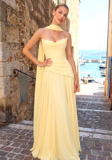 Strapless Draped Corset A Line Maxi Dress Yellow