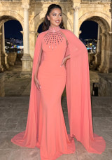 Cape Embellished Maxi Dress Coral Red