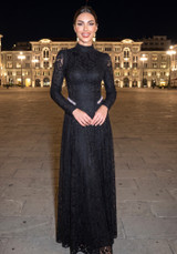 Long Sleeve Crystal Detail Lace A Line Maxi Dress Black
