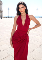Halter Draped Corset Maxi Dress Red