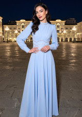 Long Sleeve Crystal Detail A Line Maxi Dress Light Blue