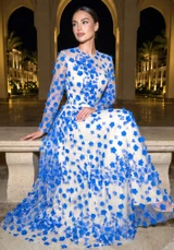 Long Sleeve Floral Mesh A Line Maxi Dress Blue