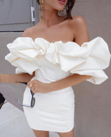 Puff Bardot Satined Dress White