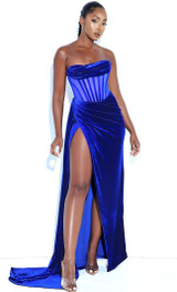 Strapless Draped Corset Maxi Velvet Dress Blue