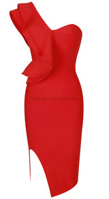 Ruffle One Shoulder Midi Dress Red