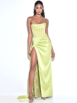 Strapless Draped Corset Maxi Silk Dress Yellow