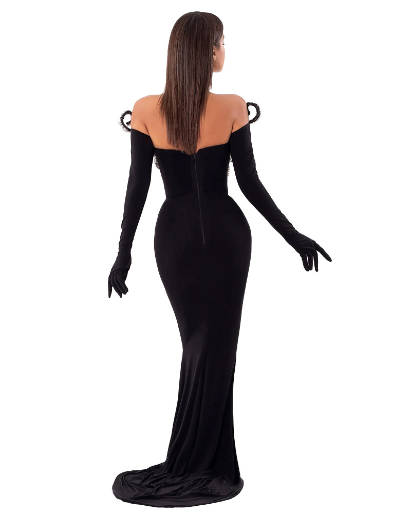 Velvet Mesh-insert Maxi Dress in Black