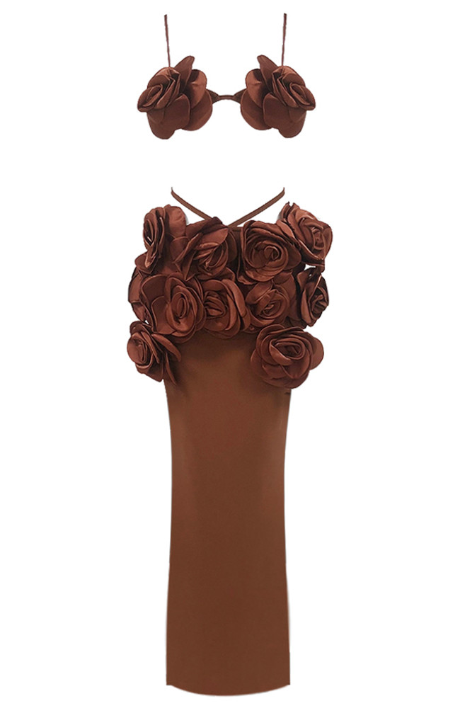 PINK/GOLD/BROWN FLORAL DETAIL DRESS