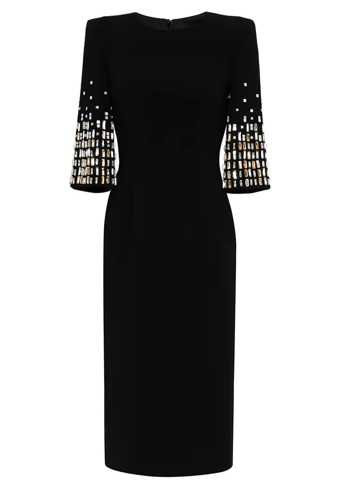 LACE CRYSTAL MIDI DRESS IN BLACK