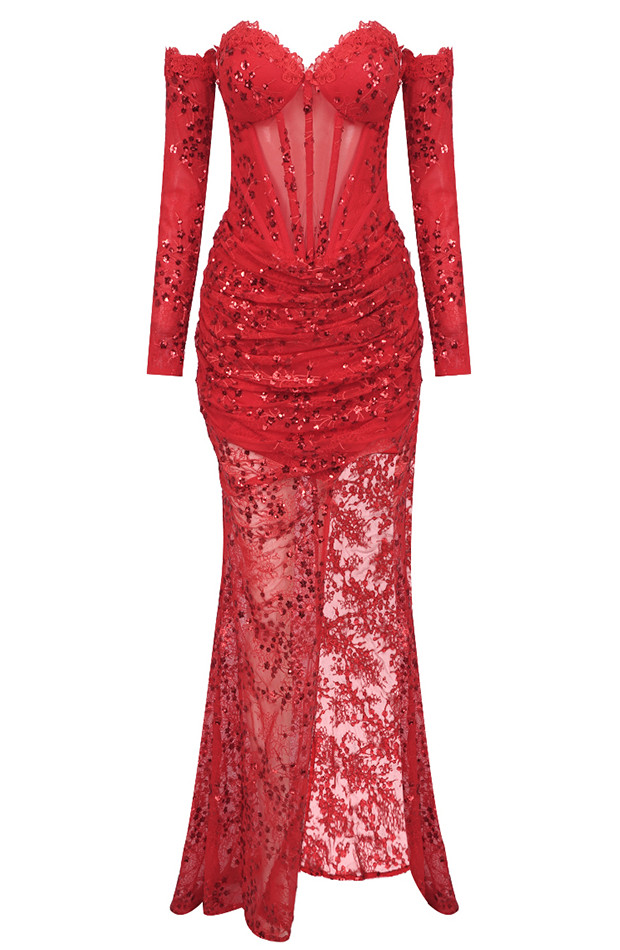 Tamara V-Neckline Ruched Long Sleeve Lace Mesh Dress Red