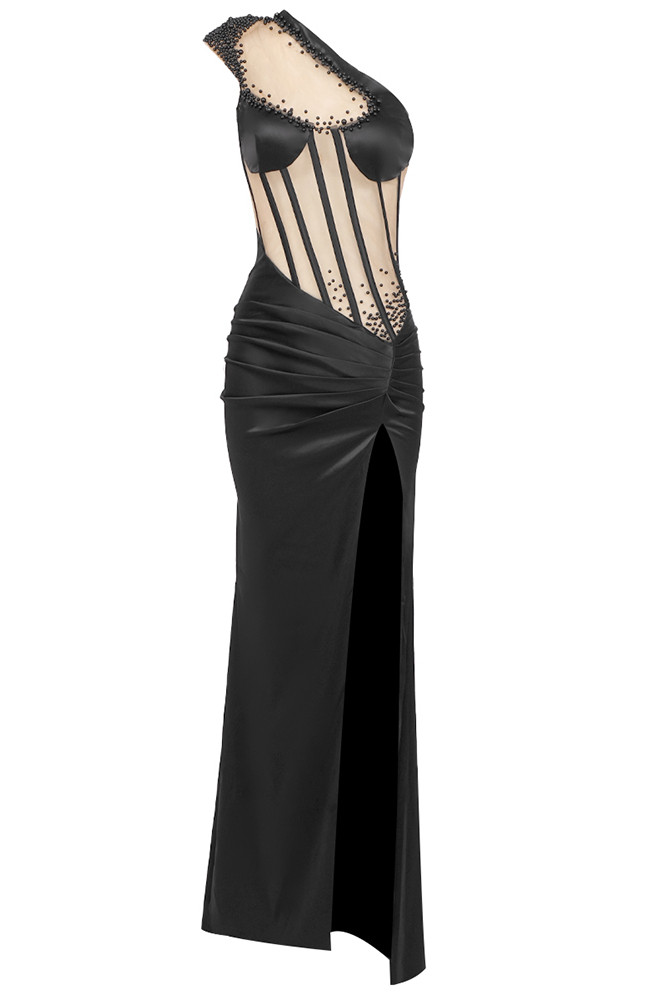 Moxidress One Shoulder Waisted High Slit Mesh Overlay Printed Maxi Dress