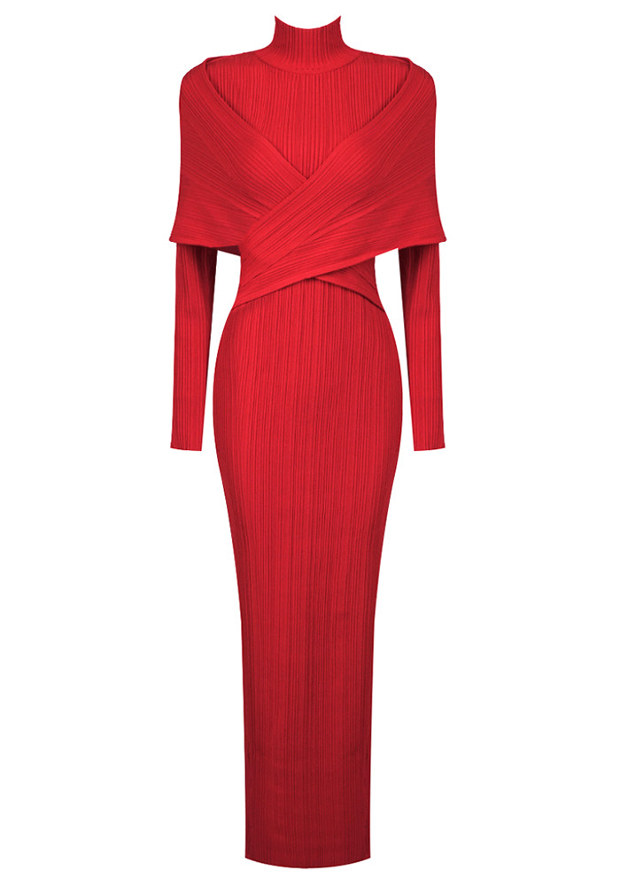 Pleated Maxi Dress with Embellished Neckline and Feather Cuffs - Red