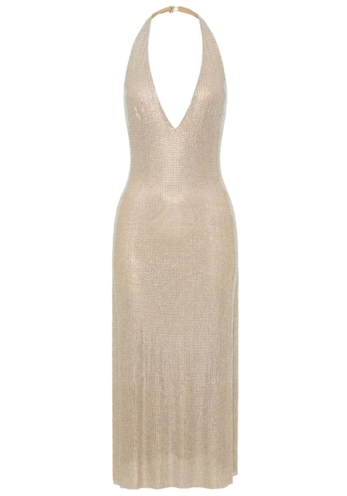 Deep Plunge Halter Neck Ruched A-Line Midi Dress-Brown Gold Multi