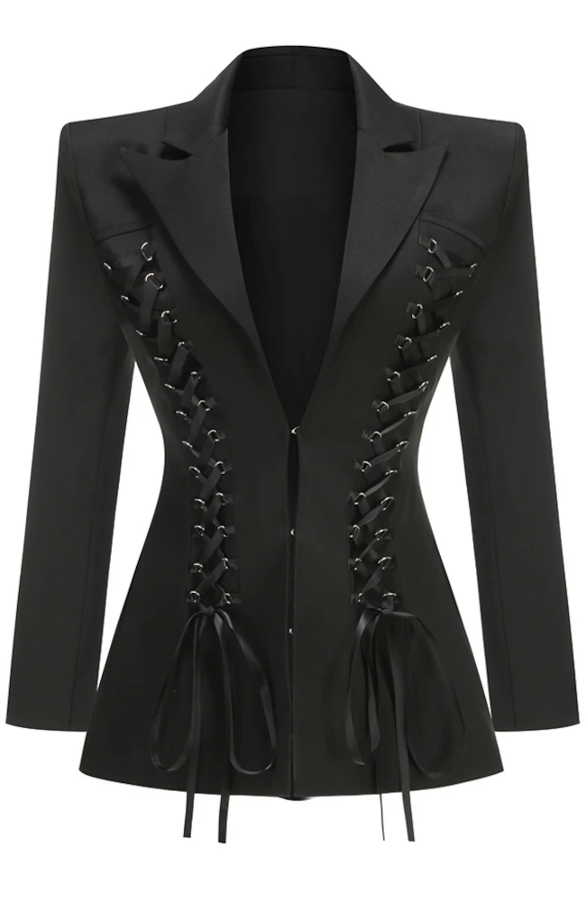 Trend4us Luxe High-Neck Button-Front Tailored Blazer Dress
