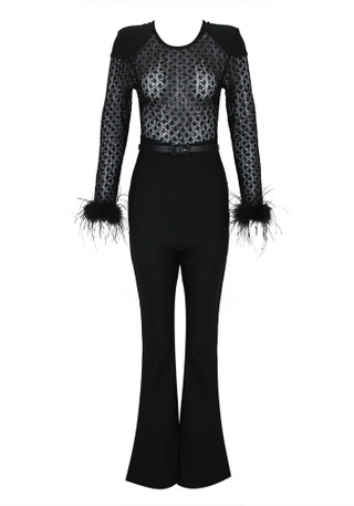 Dove Linen Feather Trim Sleeveless Flare Side Slit Jumpsuit main image 1