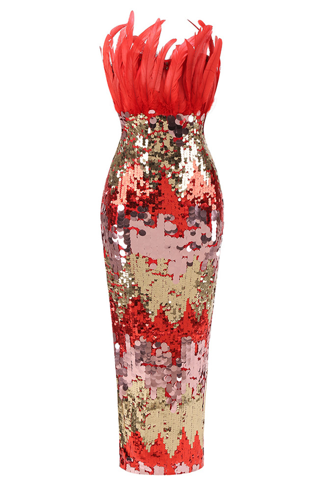 Red & Gold Feather Sequin Patchwork Strapless Gown