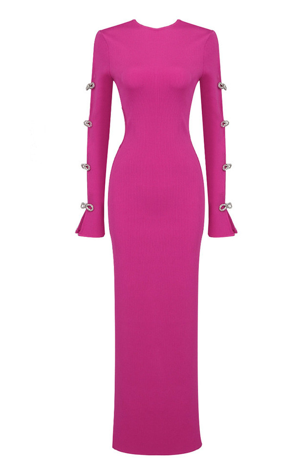 Embellished Long Sleeve Maxi Dress Hot Pink