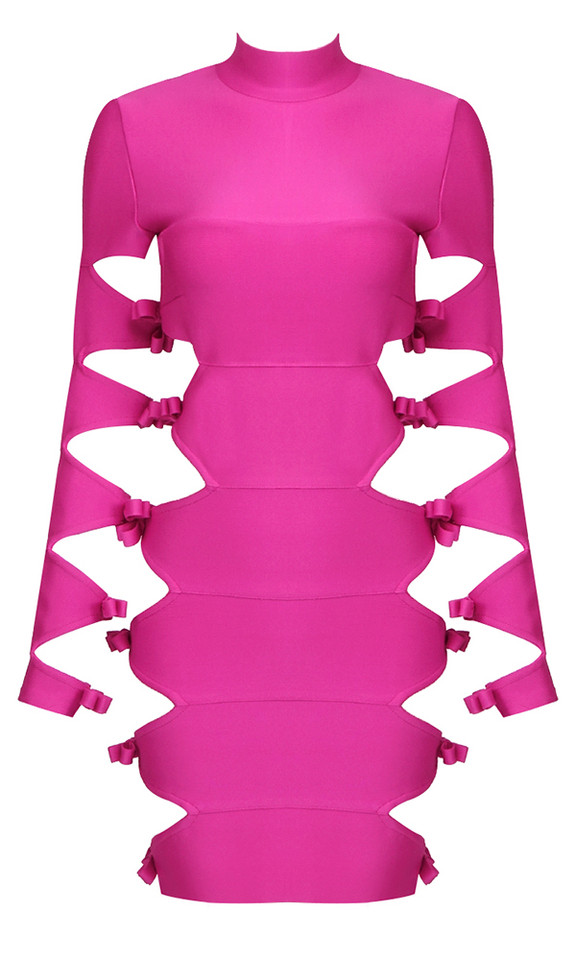 Long Sleeve Side Cut Out Dress Hot Pink