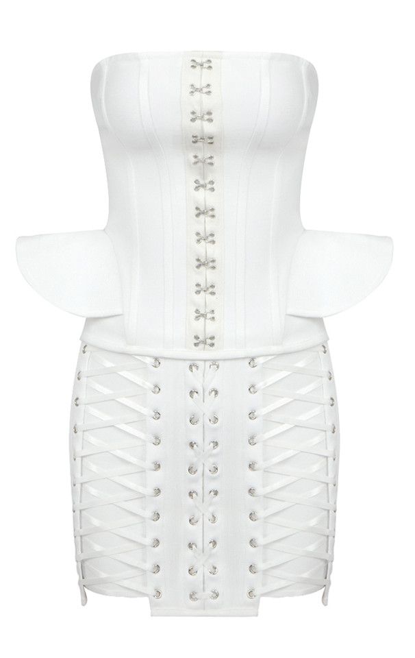 Strapless Corset Lace Up Peplum Dress White