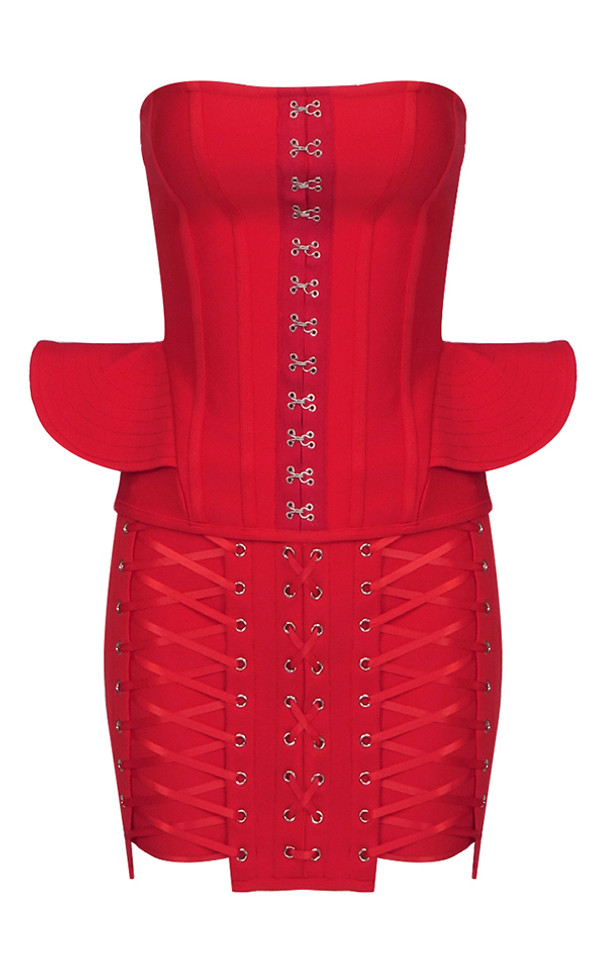 Strapless Corset Lace Up Peplum Dress Red