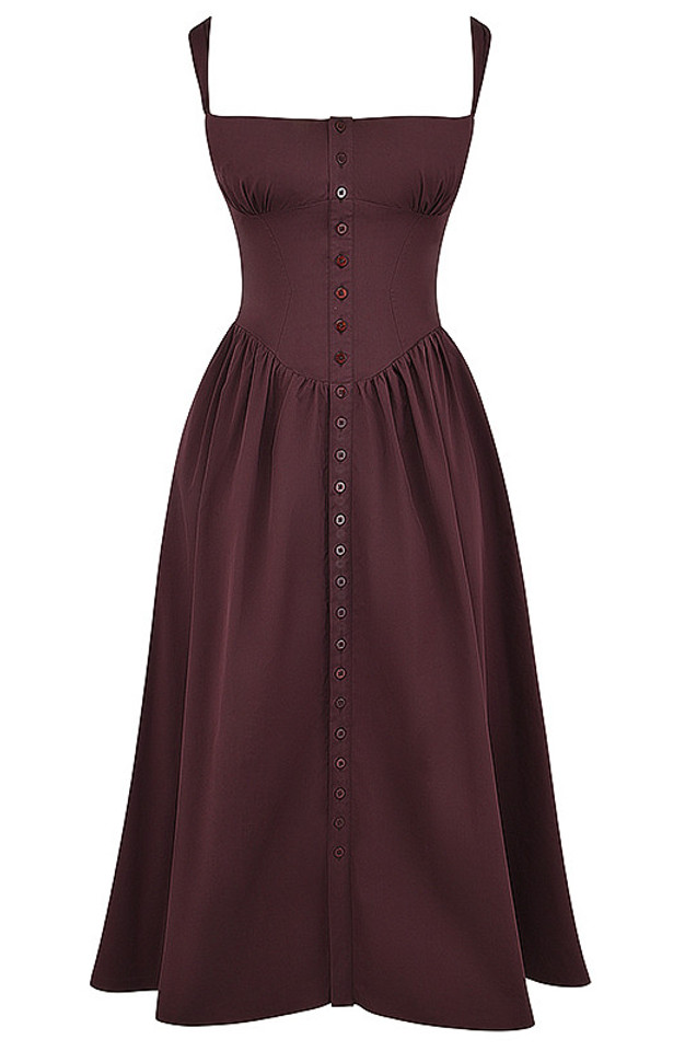 Button Detail Corset Midi Skater Dress Brown