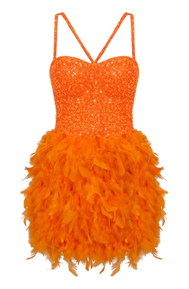 Bustier Sequin Feather Dress Orange