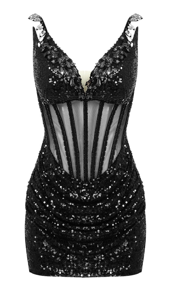 Crystal Sequin Bustier Draped Dress Black