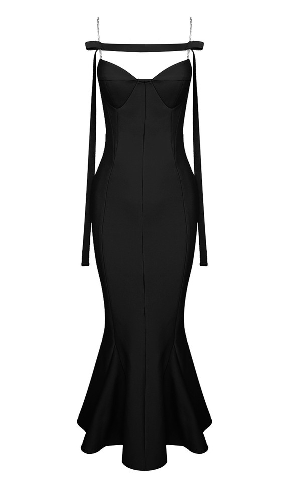 Chain Strap Bustier Mermaid Midi Dress Black